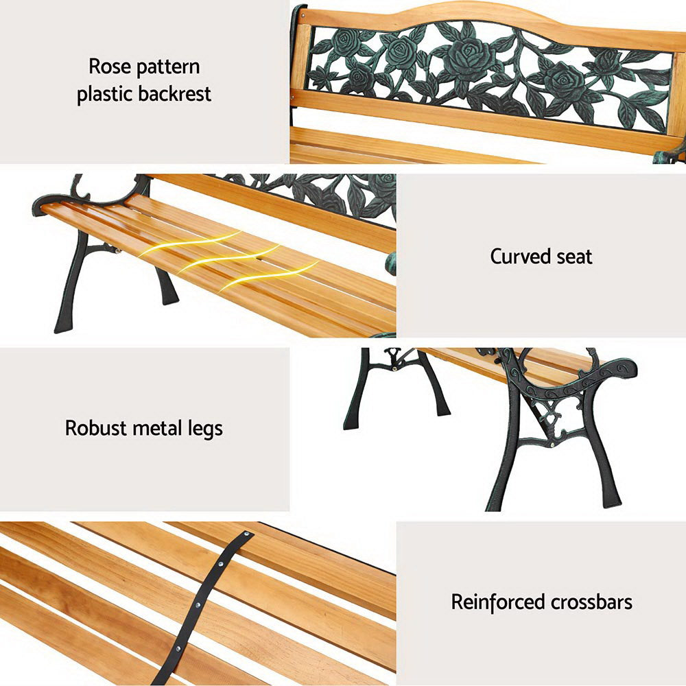 Gardeon Outdoor Garden Bench Seat 126cm Wooden Cast Iron 3 Seater Patio Furniture Gardeon