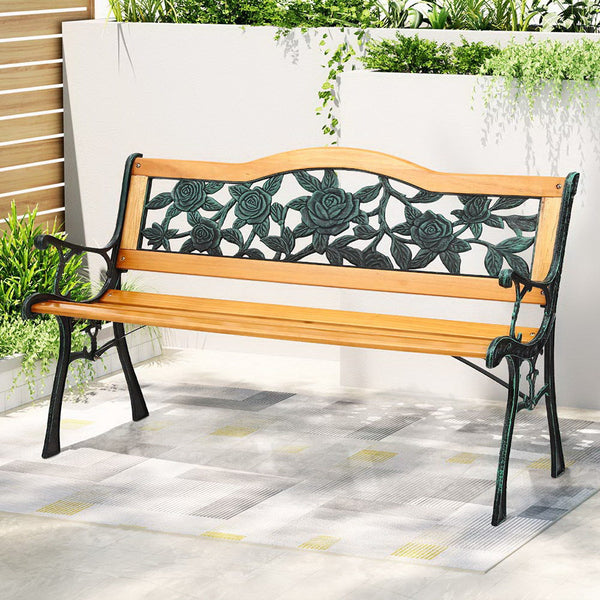 Gardeon Outdoor Garden Bench Seat 126cm Wooden Cast Iron 3 Seater Patio Furniture Gardeon