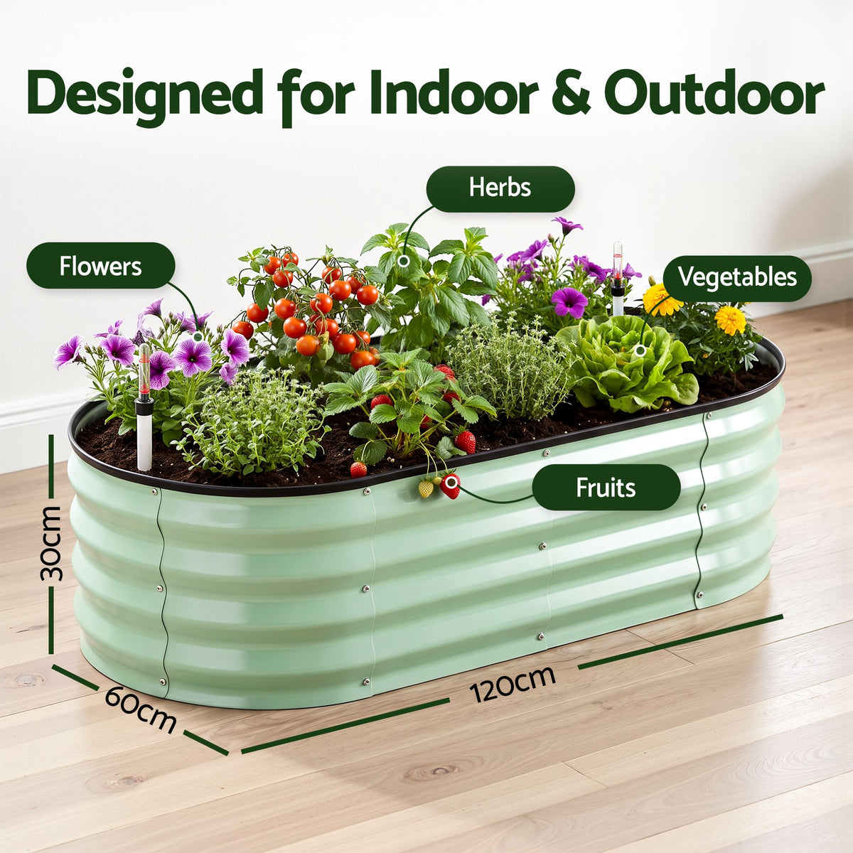 Green Fingers Self Watering Oval Garden Bed Galvanised for Balcony Deck 120x60x30cm Awezingly