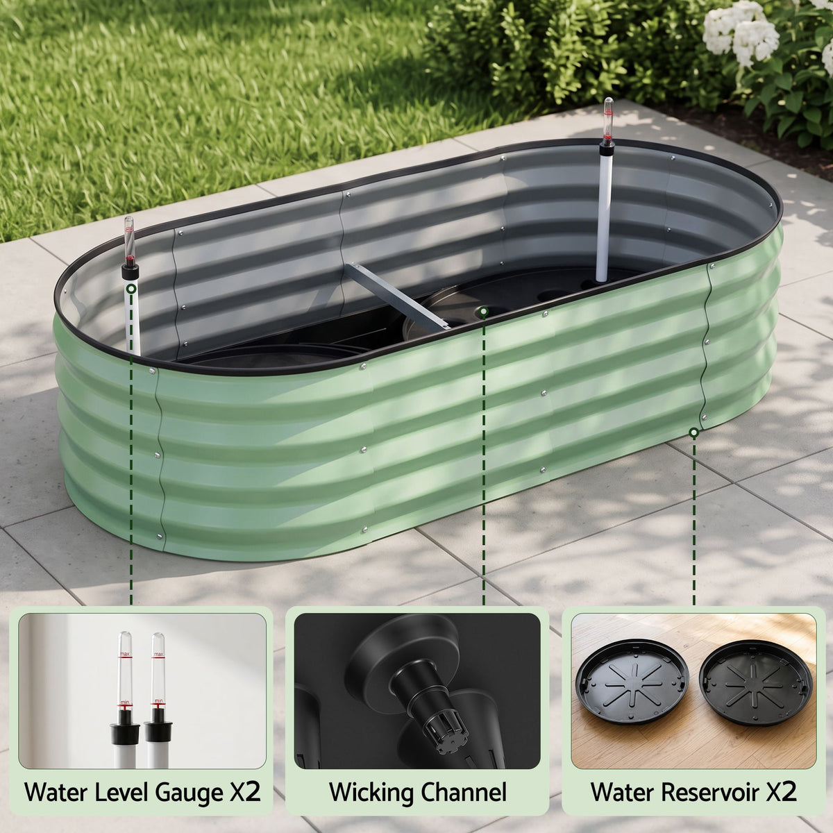 Green Fingers Self Watering Oval Garden Bed Galvanised for Balcony Deck 120x60x30cm Awezingly