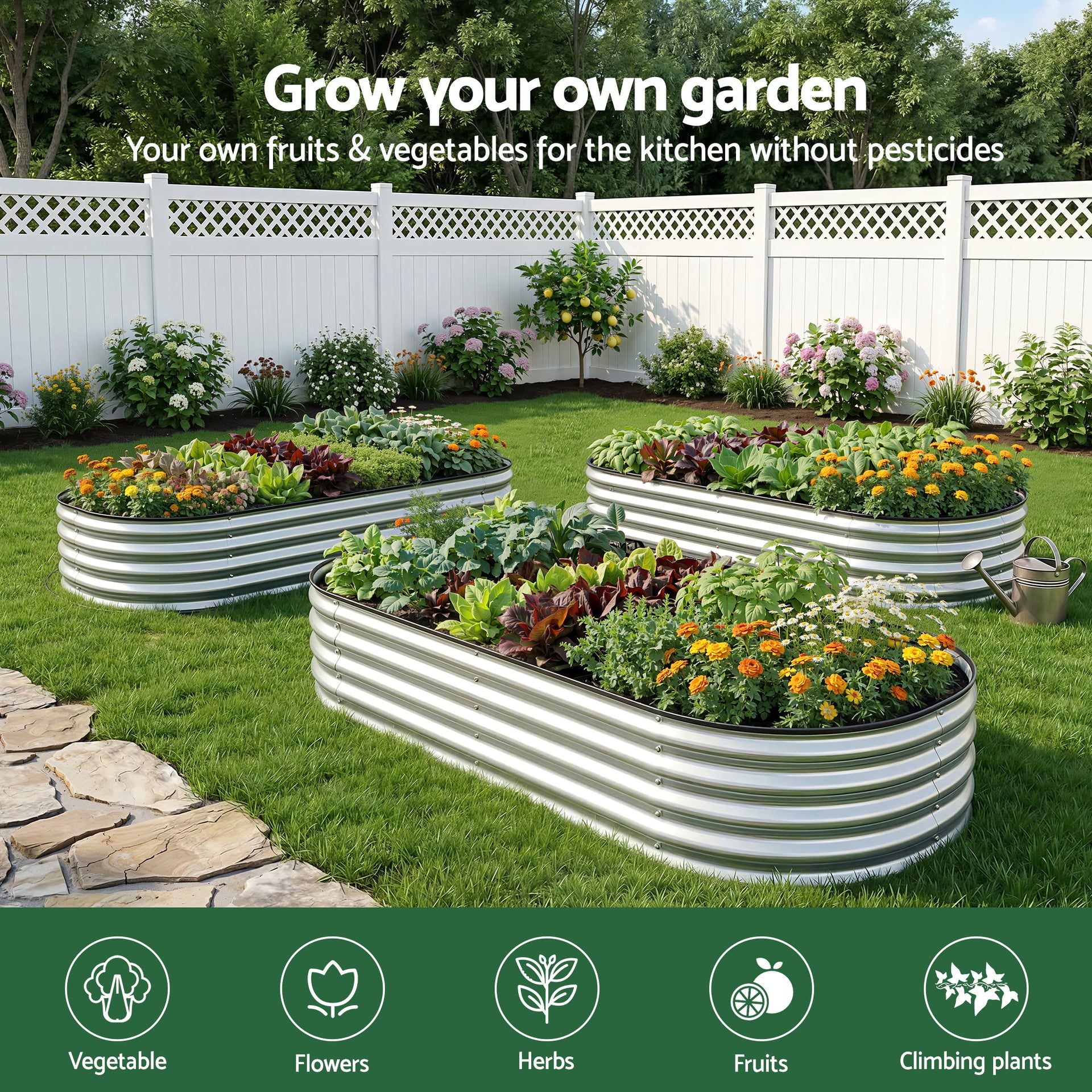 Green Fingers Raised Garden Bed Galvanised Oval Metal Planter Box Large Outdoor 120x60x30cm Silver Awezingly