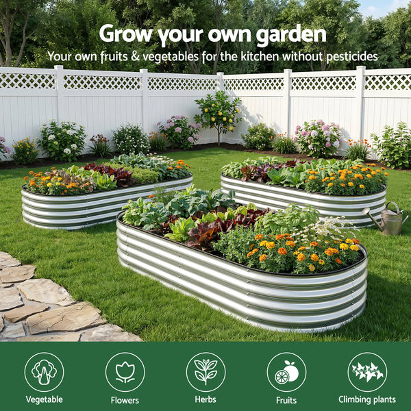 Green Fingers Raised Garden Bed Galvanised Oval Metal Planter Box Large Outdoor 120x60x30cm Silver Awezingly