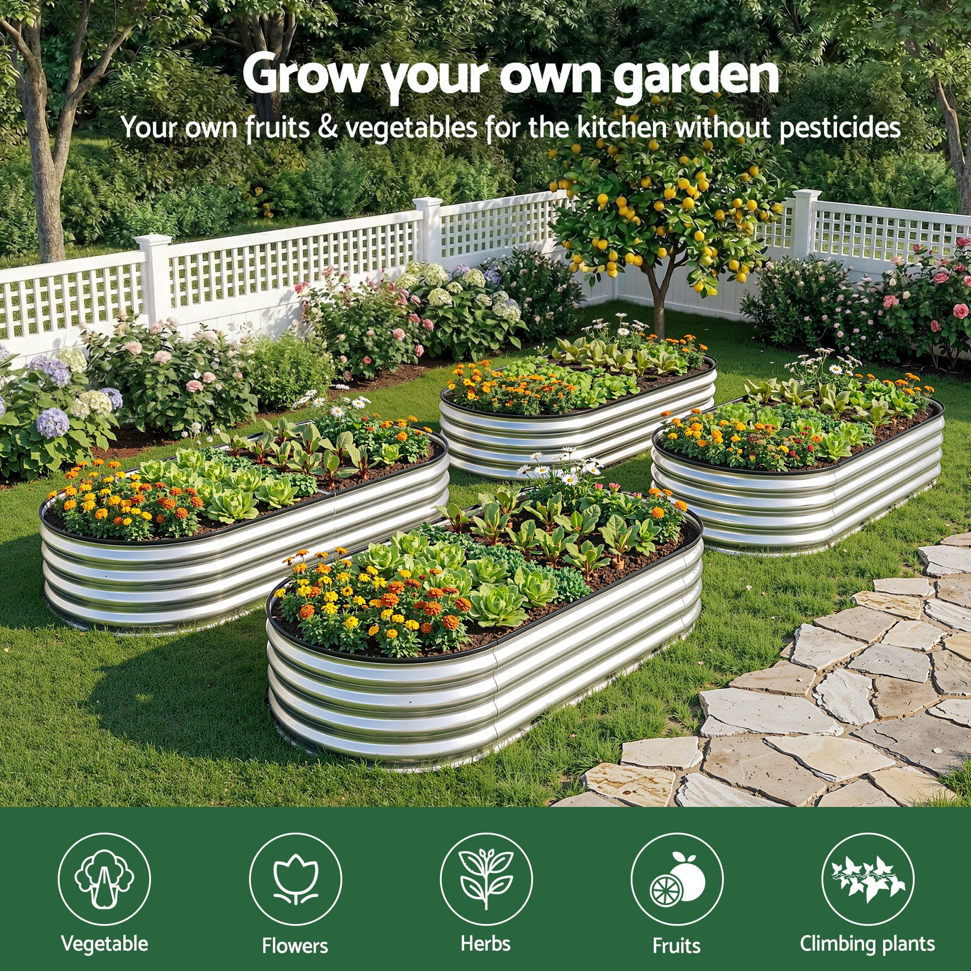 Green Fingers Raised Garden Bed Galvanised Oval Metal Planter Box Large Outdoor 150x70x30cm Silver Awezingly
