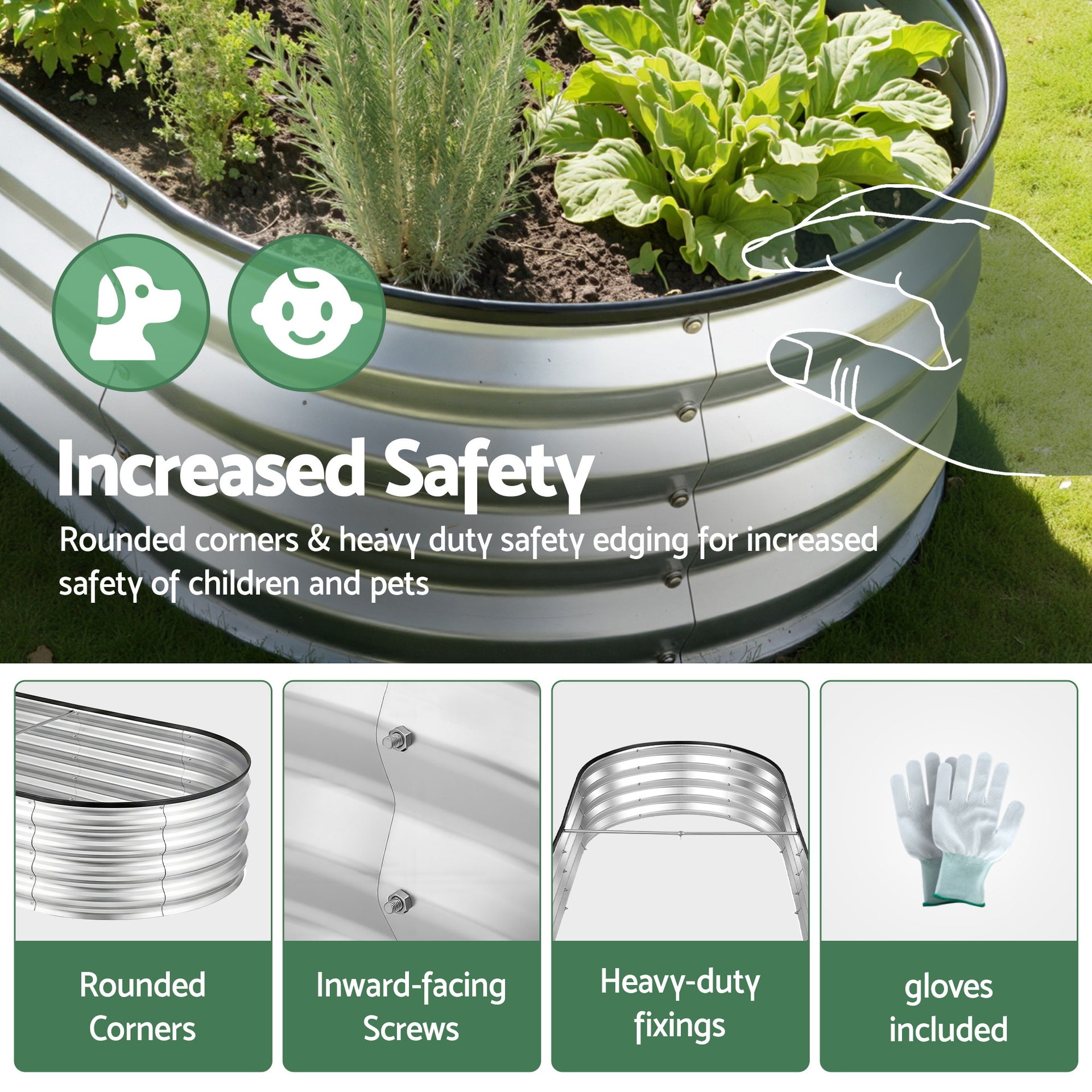 Green Fingers Raised Garden Bed Galvanised Oval Metal Planter Box Large Outdoor 150x70x30cm Silver Awezingly
