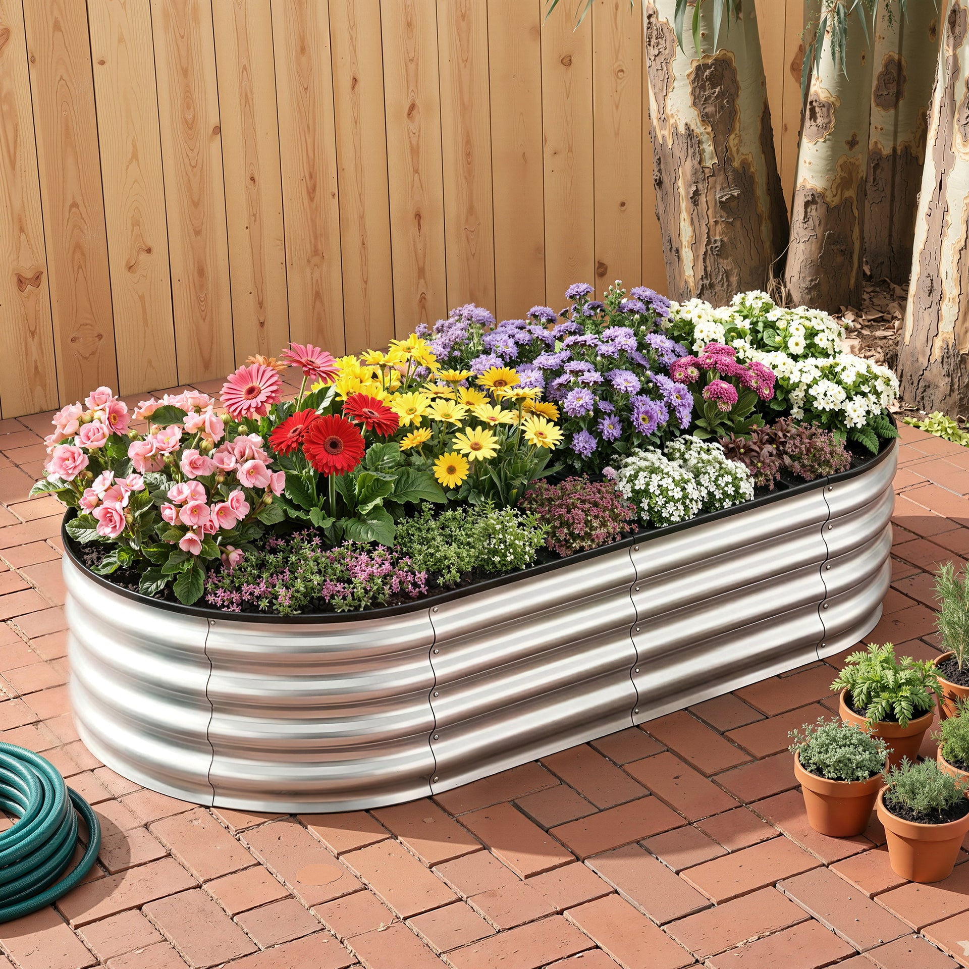 Green Fingers Raised Garden Bed Galvanised Oval Metal Planter Box Large Outdoor 150x70x30cm Silver Awezingly