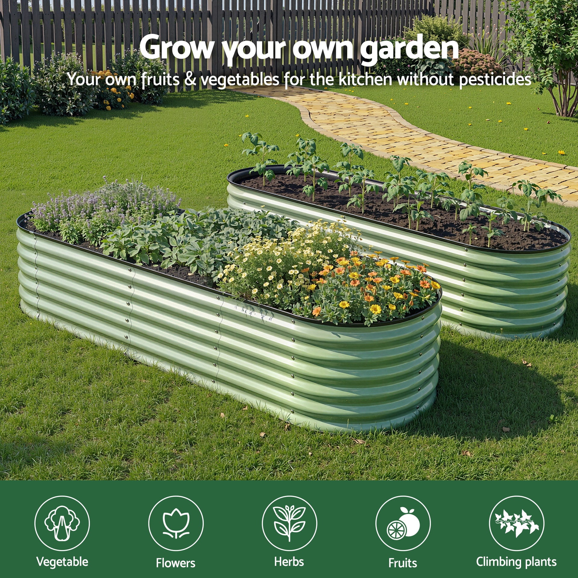 Green Fingers Oval Raised Garden Bed Galvanised Planter Box Rust Resistant 240x60x45cm Green Awezingly