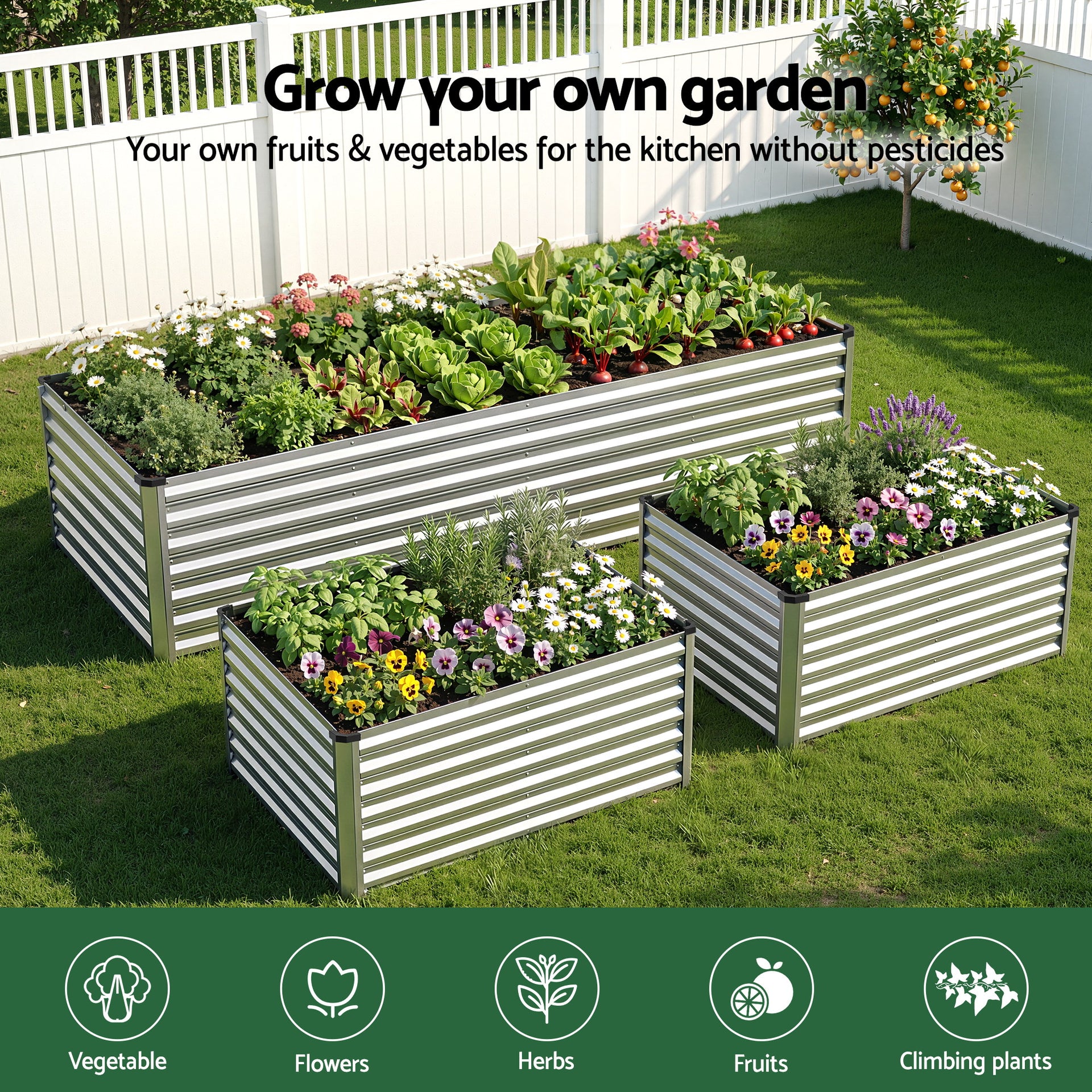 Green Fingers Raised Garden Bed 2 in 1 Modular Galvanised Planter Box Rust Resistant 240x80x60cm Awezingly