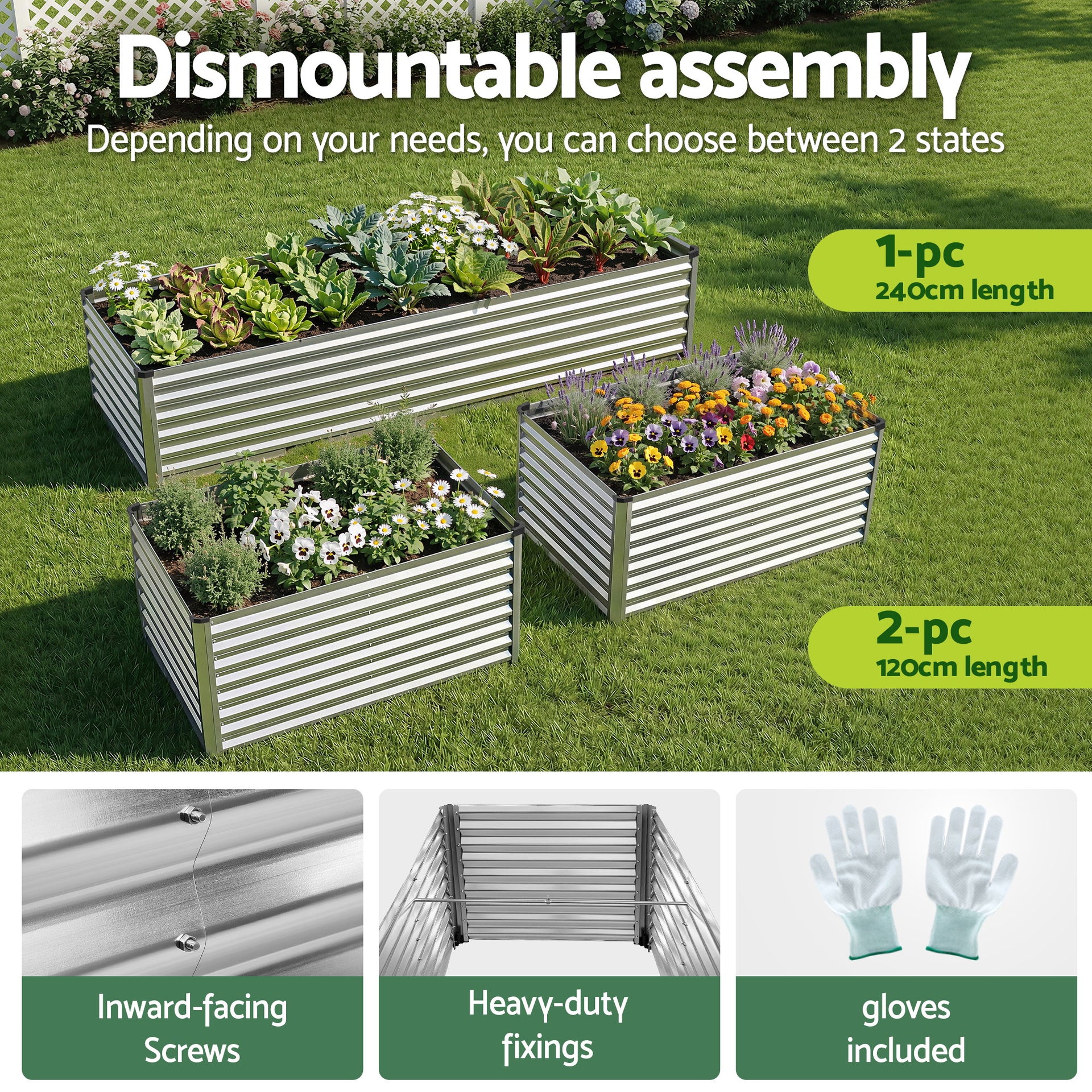 Green Fingers Raised Garden Bed 2 in 1 Modular Galvanised Planter Box Rust Resistant 240x80x60cm Awezingly