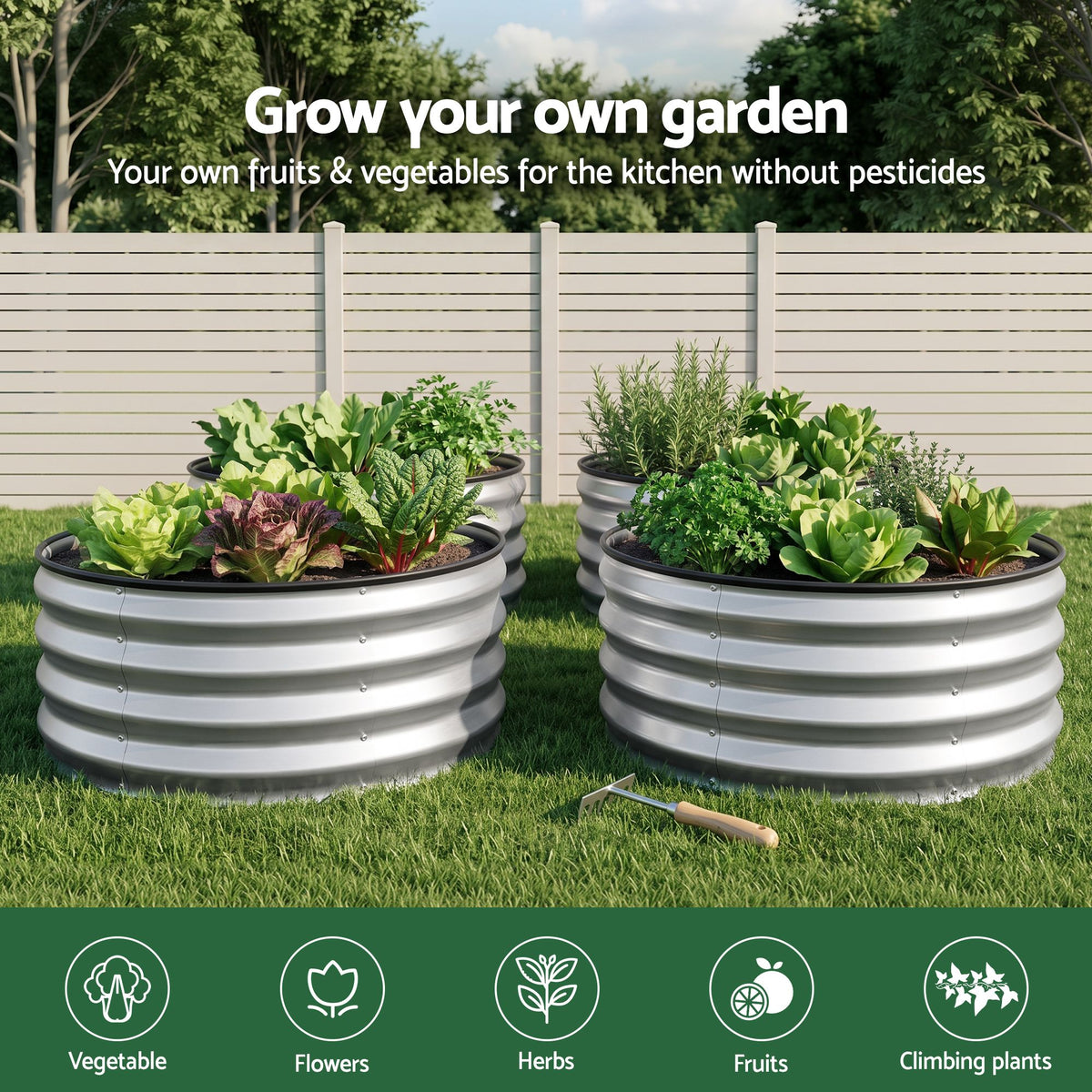 Green Fingers Round Raised Garden Bed 2 Pack Galvanised Planter Box Rust Resistant 60x60x30cm Silver Awezingly