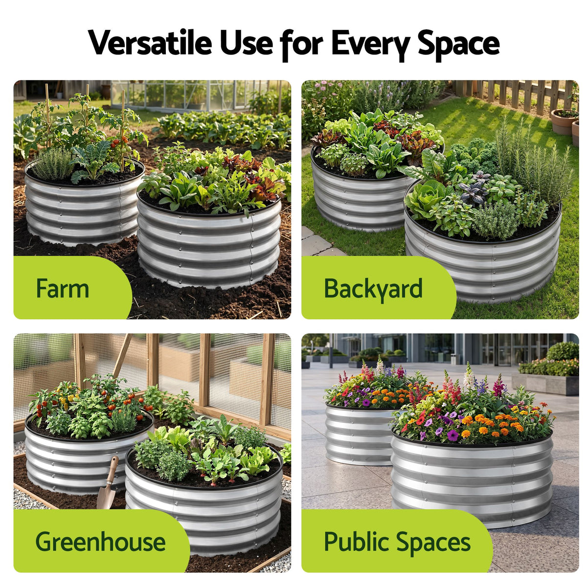Green Fingers Round Raised Garden Bed 2 Pack Galvanised Planter Box Rust Resistant 60x60x30cm Silver Awezingly