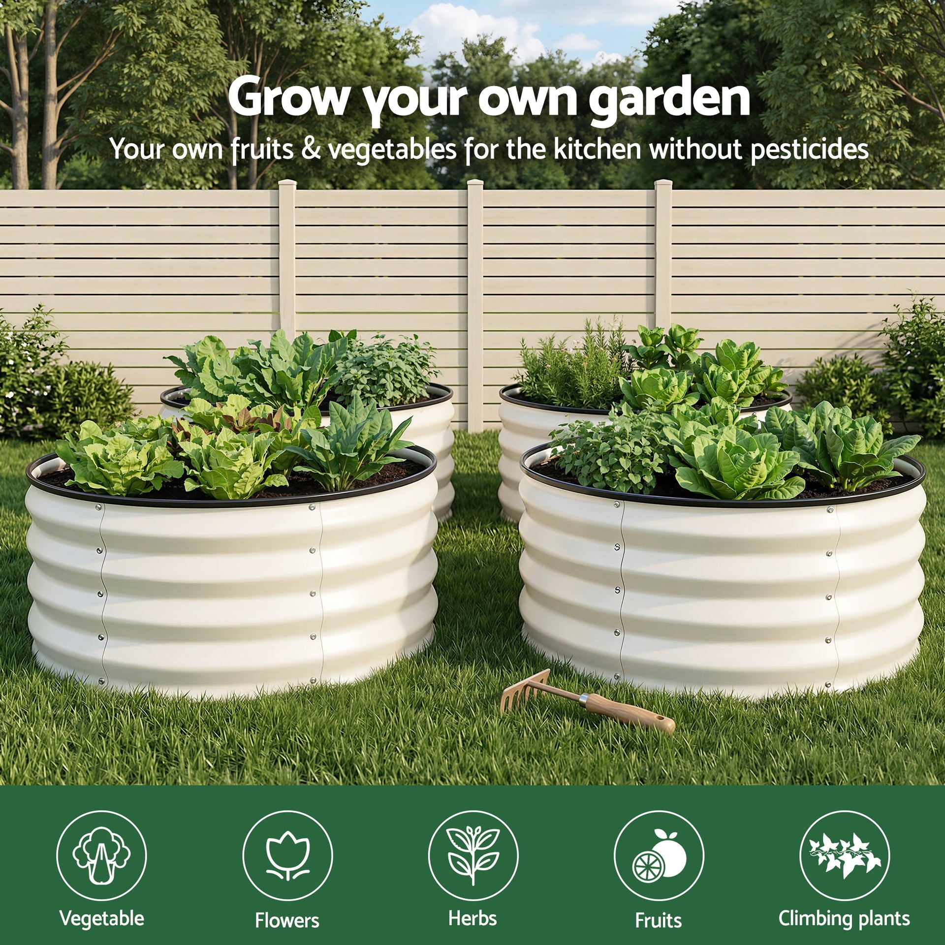 Green Fingers Round Raised Garden Bed 2 Pack Galvanised Planter Box Rust Resistant 60x60x30cm White Awezingly