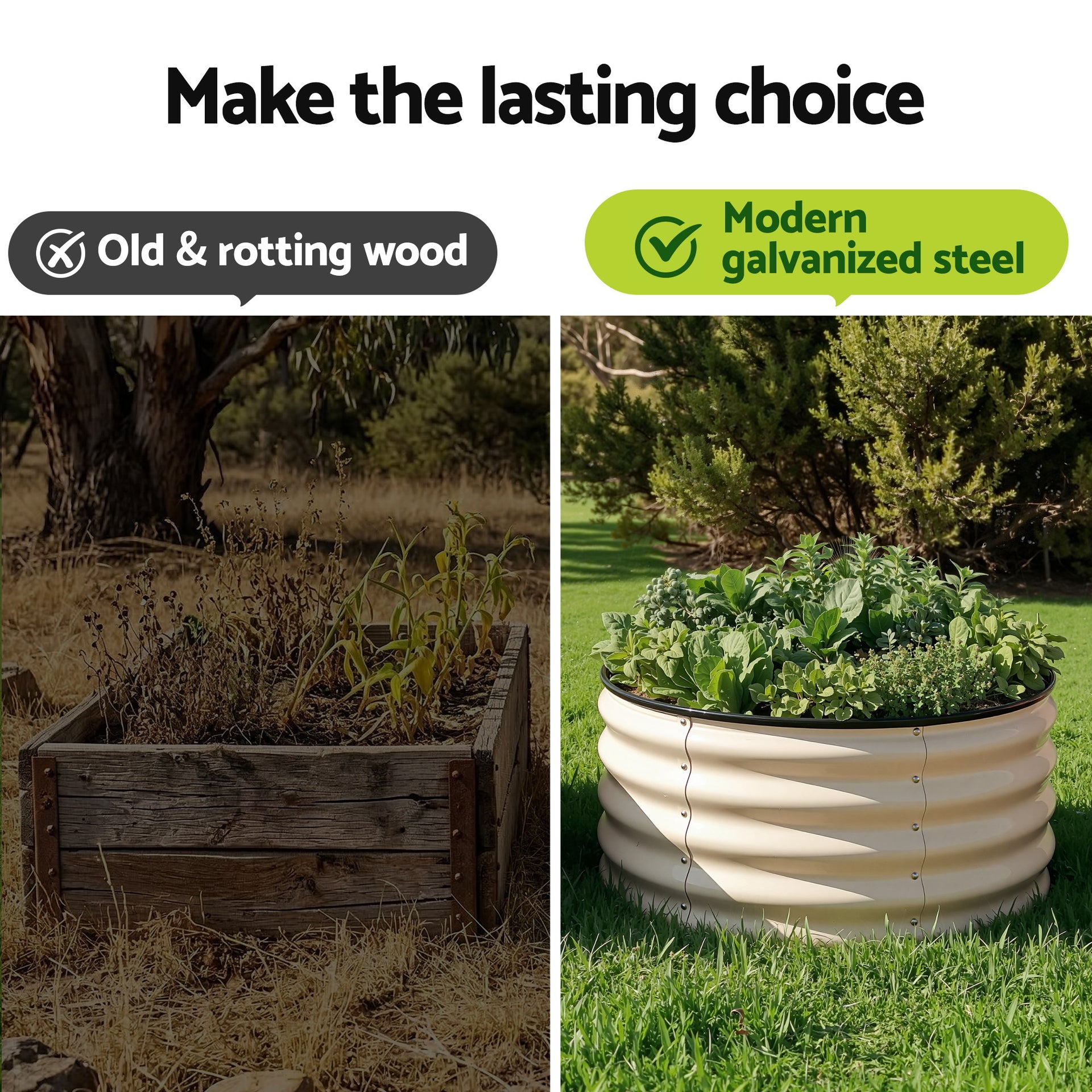 Green Fingers Round Raised Garden Bed 2 Pack Galvanised Planter Box Rust Resistant 60x60x30cm White Awezingly