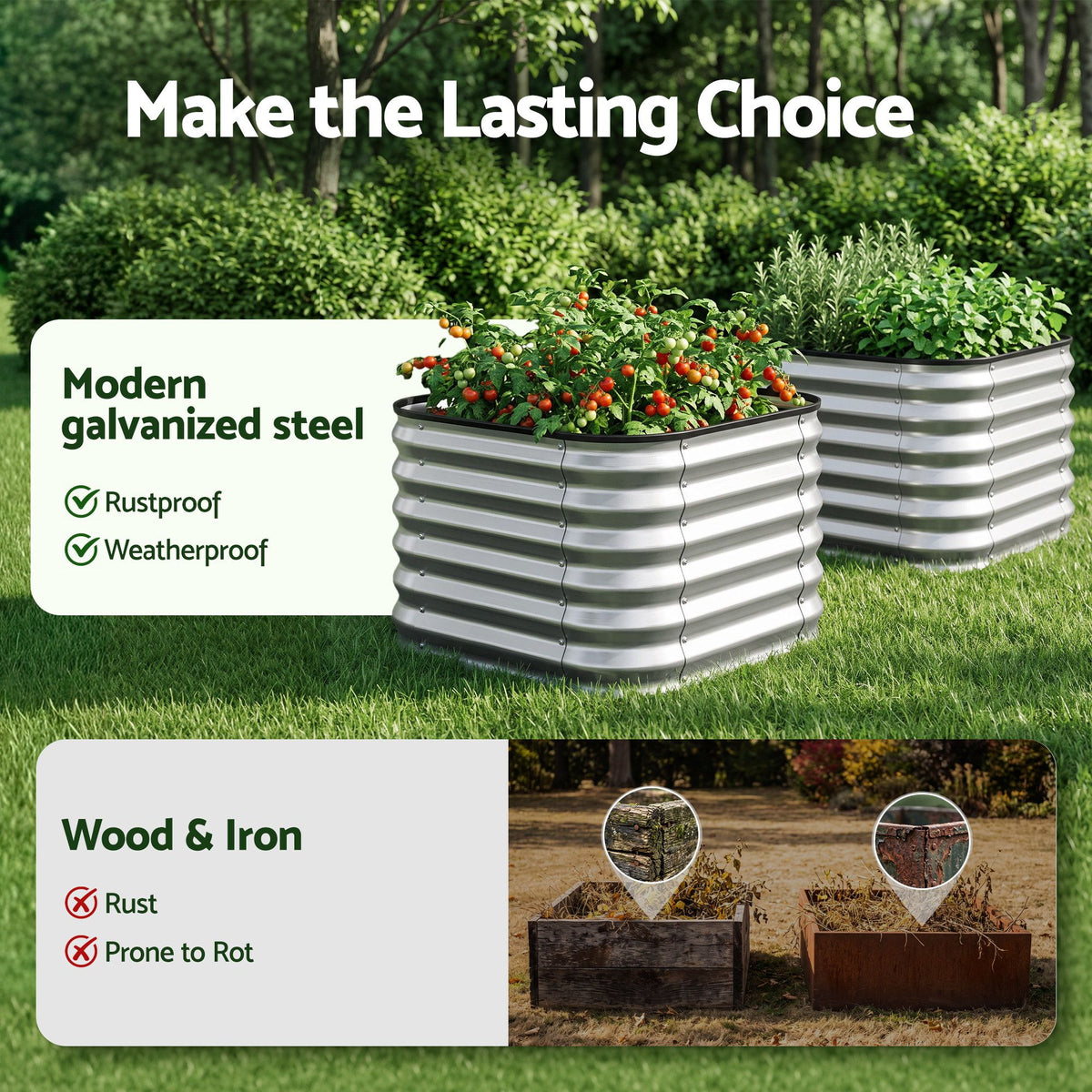 Green Fingers Galvanized Raised Garden Bed 2 Pack Metal Planter 60x60x45cm Awezingly