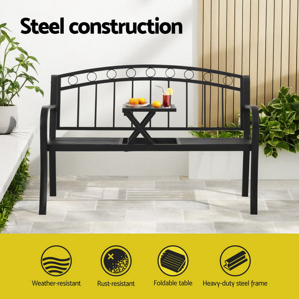Gardeon Outdoor Garden Bench Seat Loveseat Steel Foldable Table Patio Furniture Black Gardeon