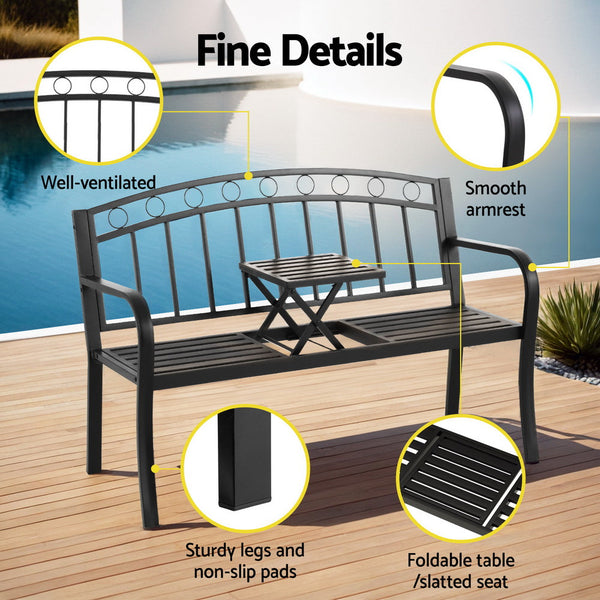 Gardeon Outdoor Garden Bench Seat Loveseat Steel Foldable Table Patio Furniture Black Gardeon