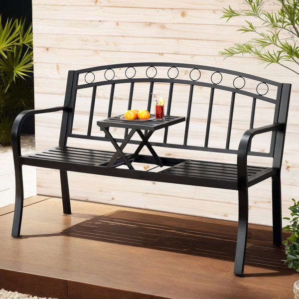 Gardeon Outdoor Garden Bench Seat Loveseat Steel Foldable Table Patio Furniture Black Gardeon