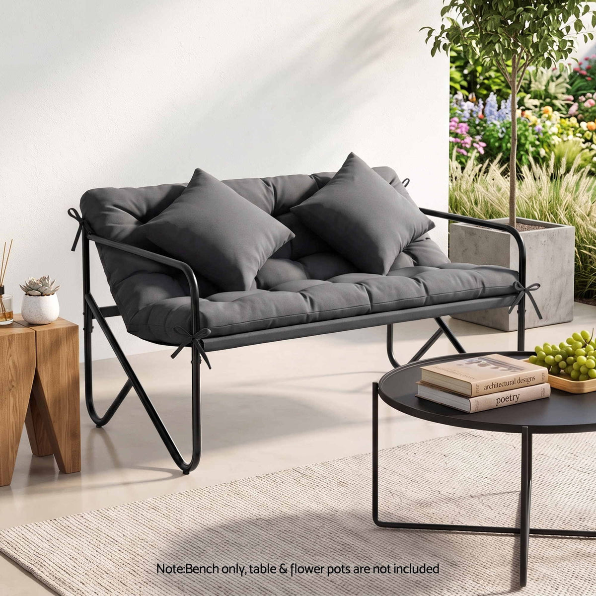 Gardeon Garden Bench 2 Seater Outdoor Bench Metal with Cushion 118cm Black Awezingly