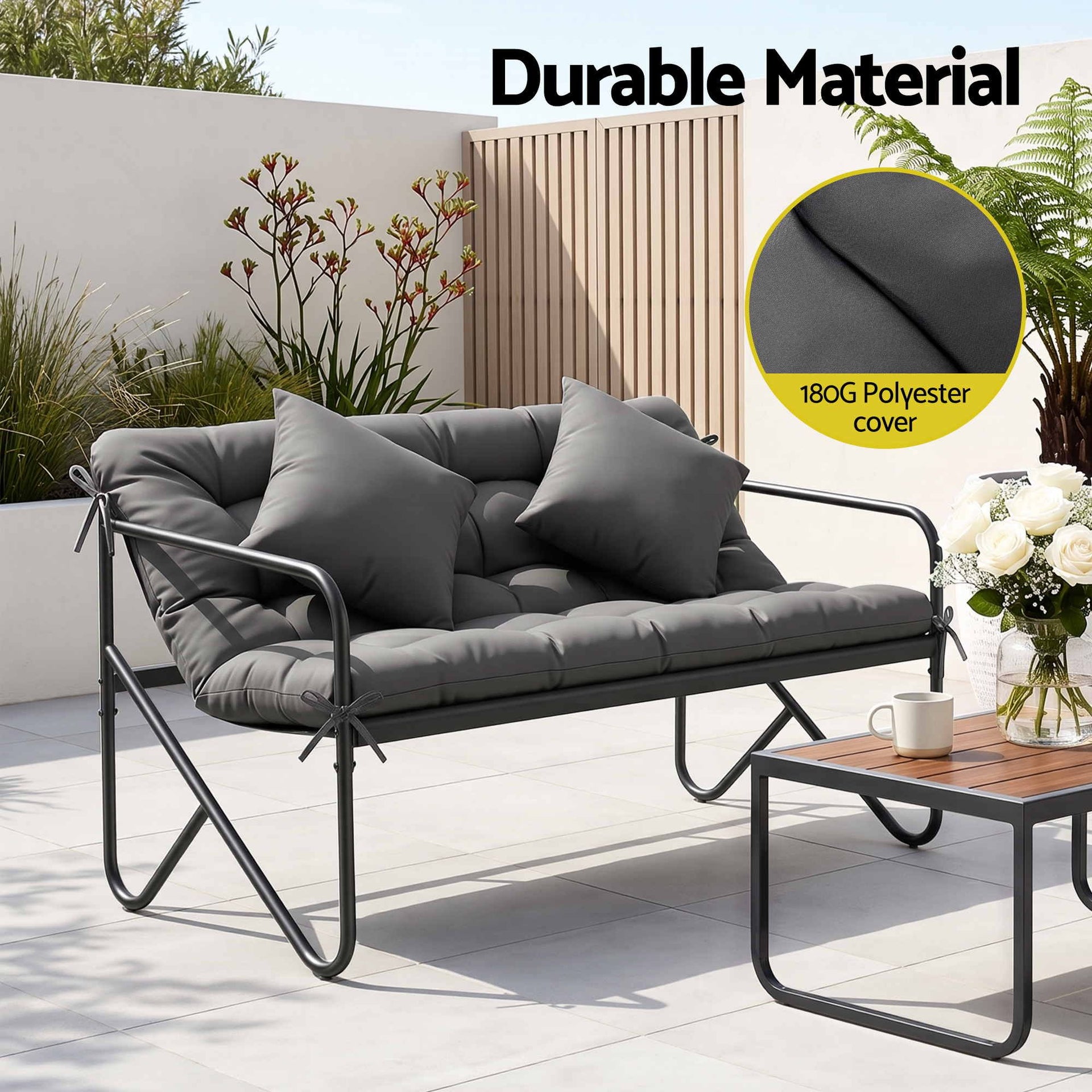 Gardeon Garden Bench 2 Seater Outdoor Bench Metal with Cushion 118cm Black Awezingly