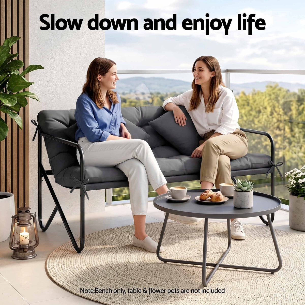 Gardeon Garden Bench 2 Seater Outdoor Bench Metal with Cushion 118cm Black Awezingly