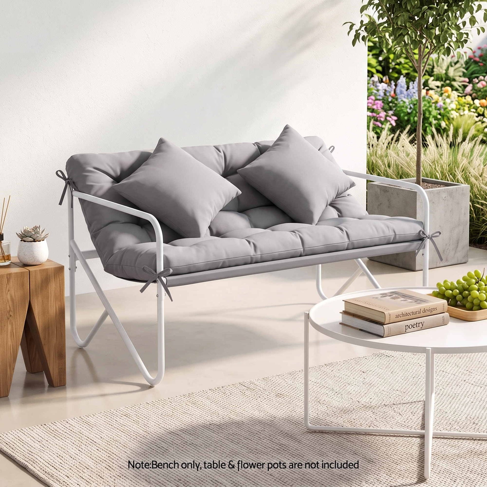 Gardeon Garden Bench 2 Seater Outdoor Bench Metal with Cushion 118cm Grey Awezingly