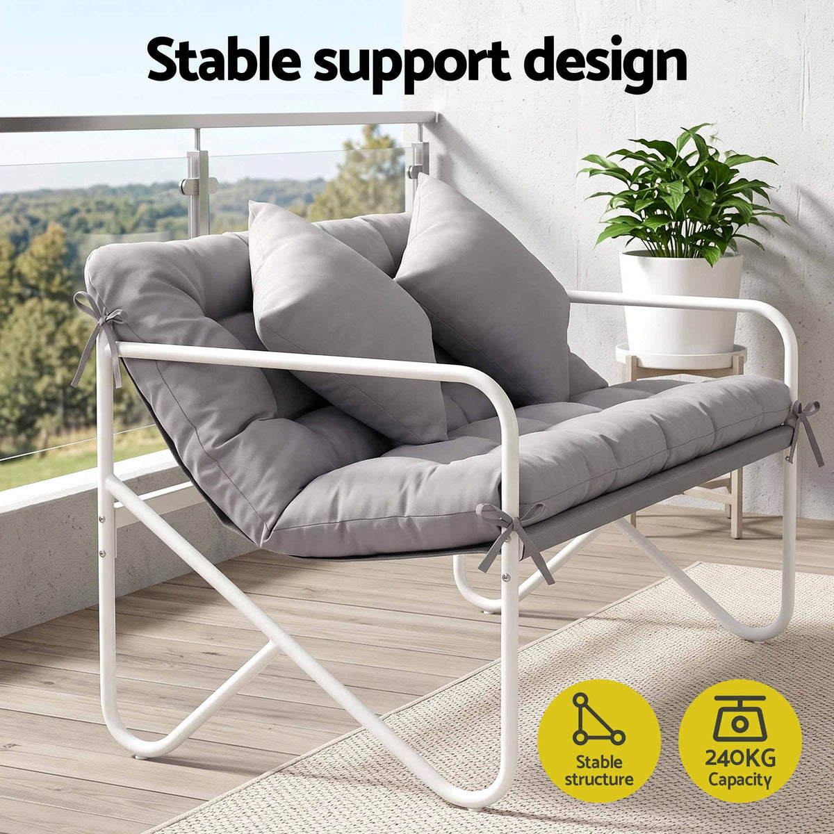 Gardeon Garden Bench 2 Seater Outdoor Bench Metal with Cushion 118cm Grey Awezingly