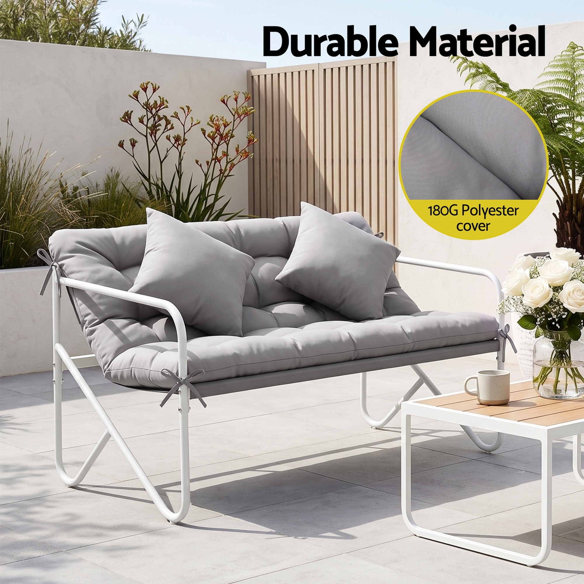 Gardeon Garden Bench 2 Seater Outdoor Bench Metal with Cushion 118cm Grey Awezingly