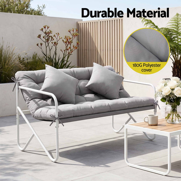 Gardeon Garden Bench 2 Seater Outdoor Bench Metal with Cushion 118cm Grey Awezingly