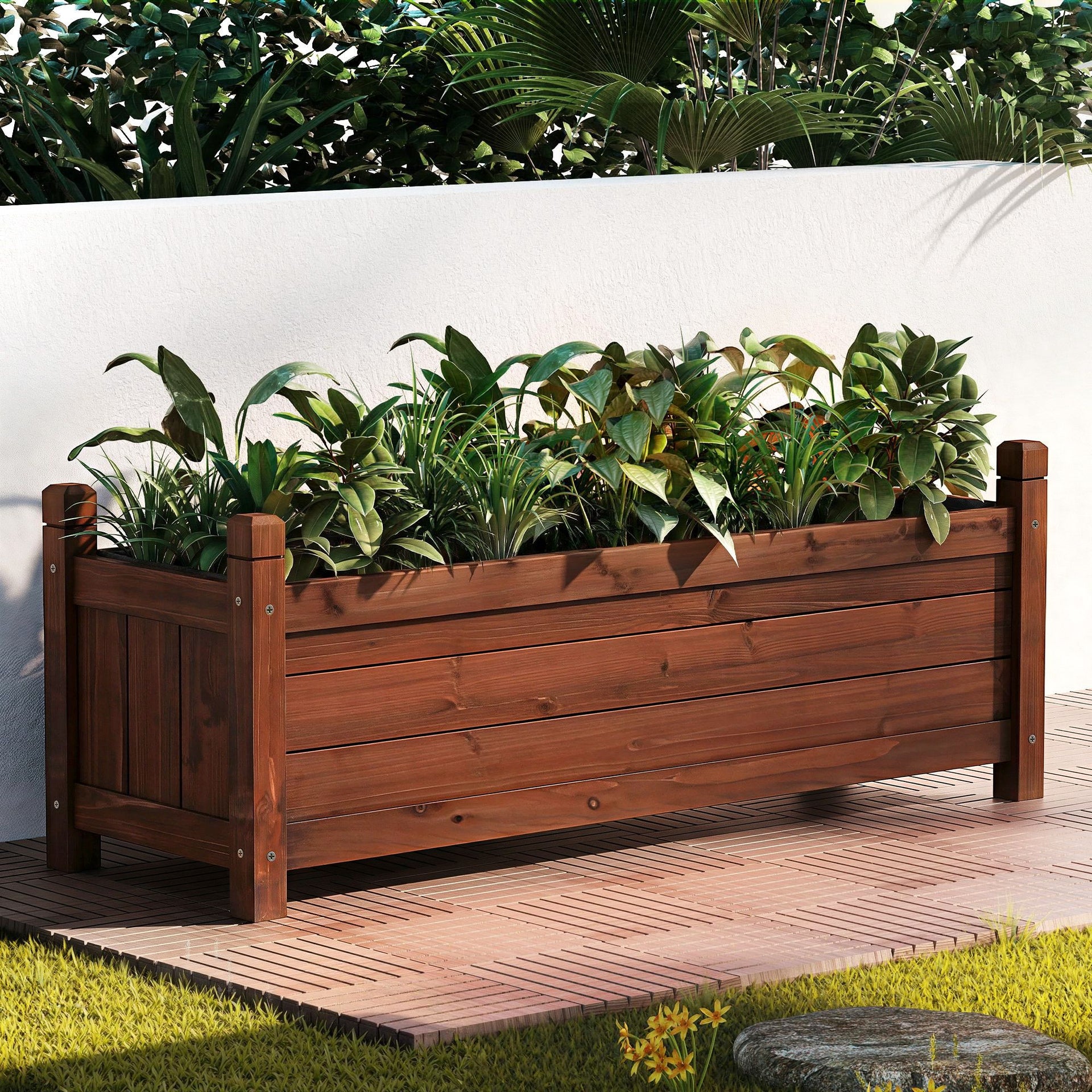 Green Fingers Garden Bed Wooden Planter Box Raised Container Growing 90x30x33cm Brown Awezingly