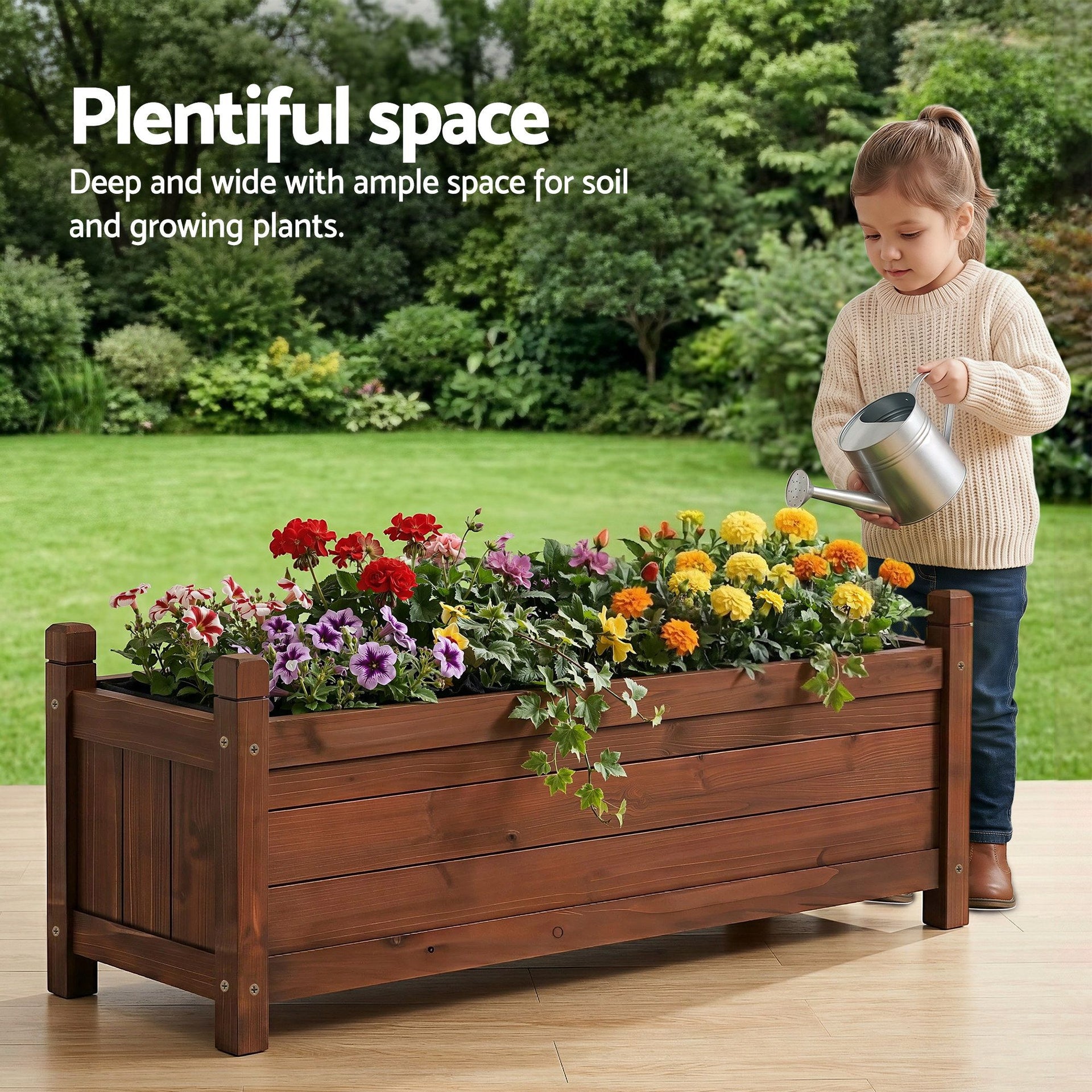 Green Fingers Garden Bed Wooden Planter Box Raised Container Growing 90x30x33cm Brown Awezingly