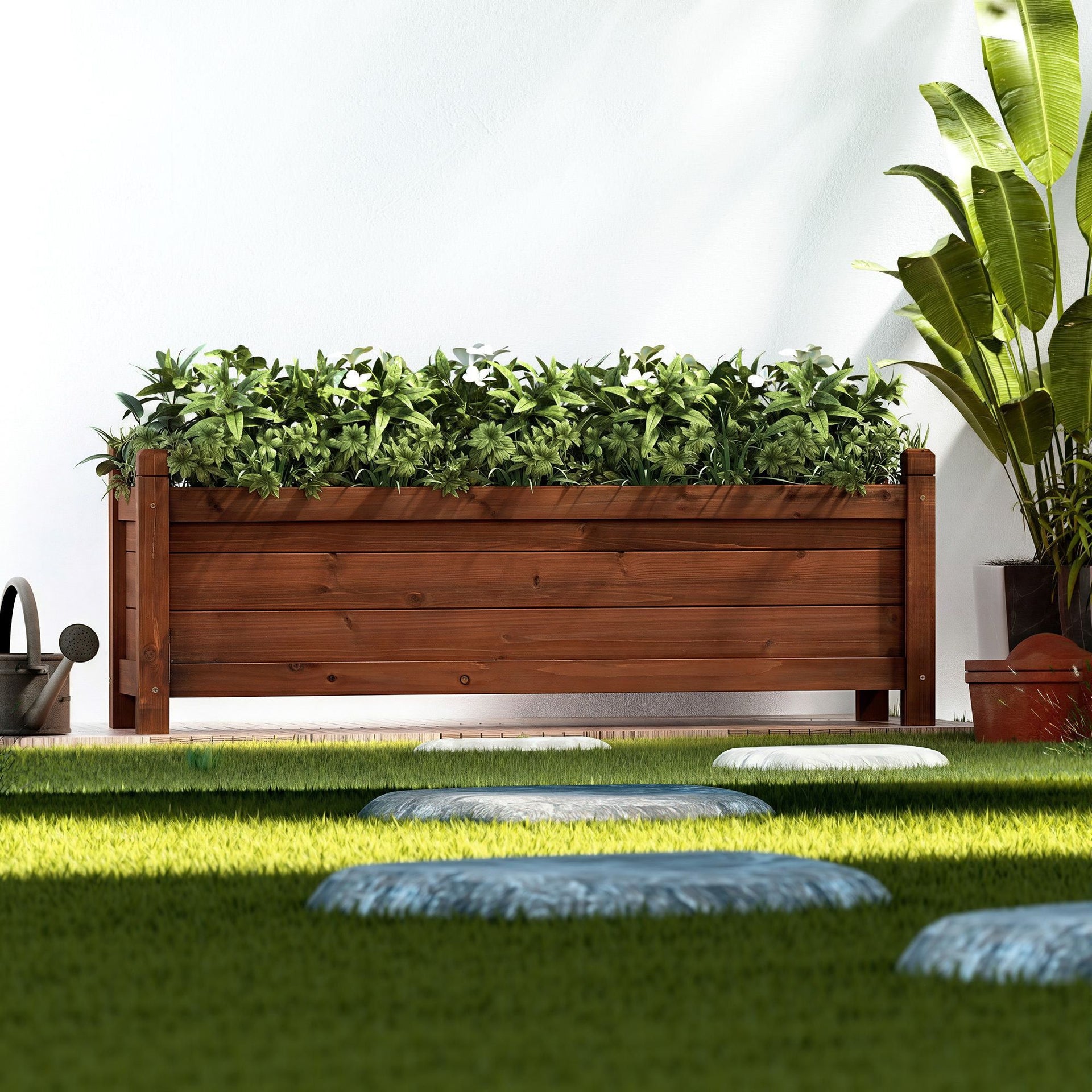 Green Fingers Garden Bed Wooden Planter Box Raised Container Growing 90x30x33cm Brown Awezingly