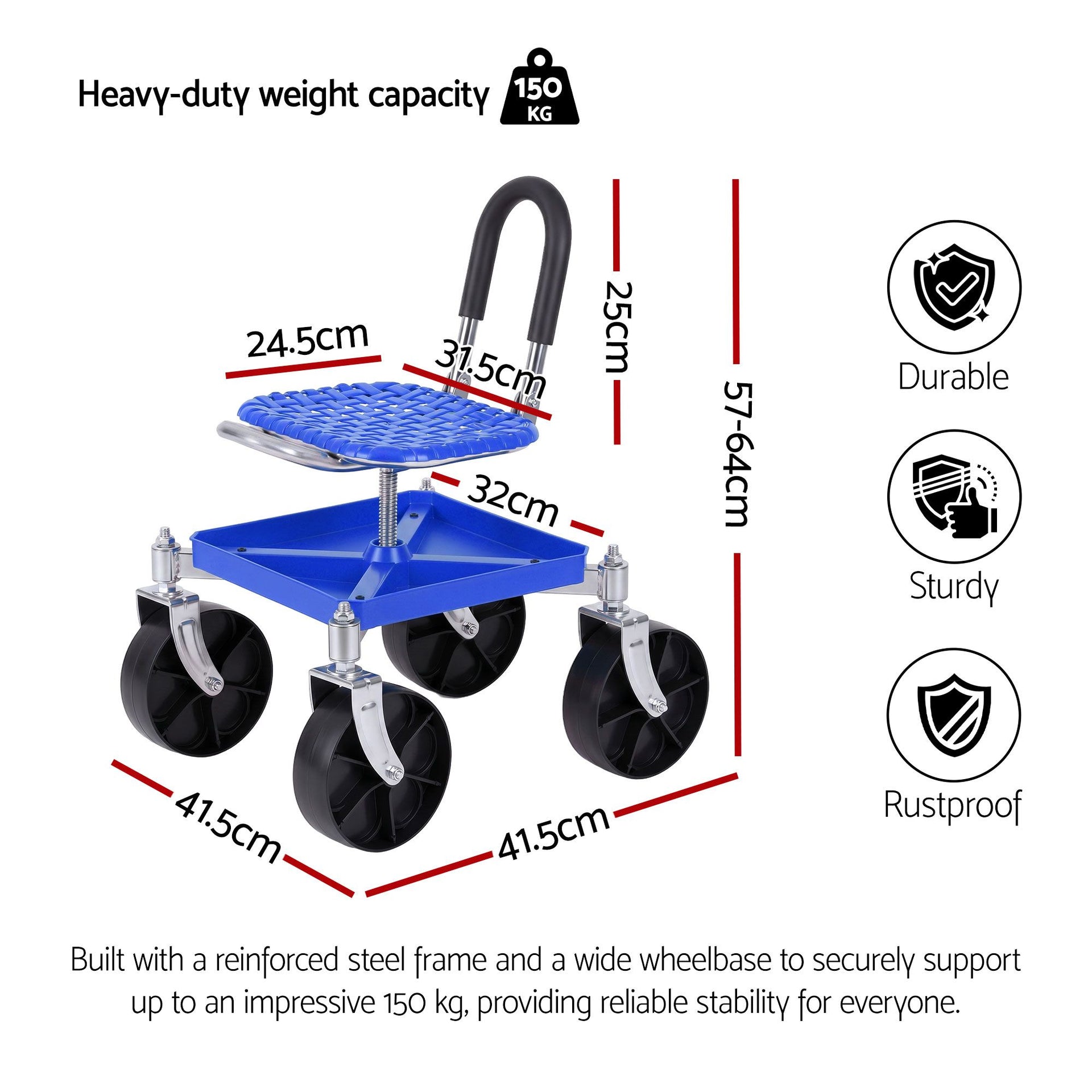 Gardeon Garden Cart Seat Rolling Stool 360 Swivel Height Adjustable Heavy Duty Blue Awezingly