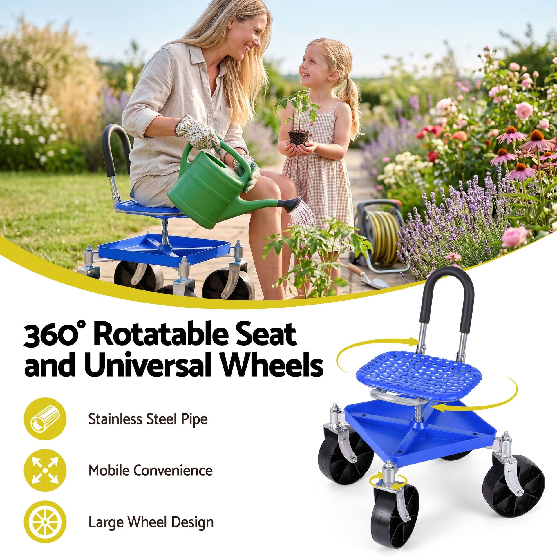 Gardeon Garden Cart Seat Rolling Stool 360 Swivel Height Adjustable Heavy Duty Blue Awezingly