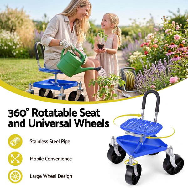 Gardeon Garden Cart Seat Rolling Stool 360 Swivel Height Adjustable Heavy Duty Blue Awezingly