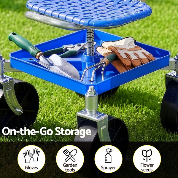 Gardeon Garden Cart Seat Rolling Stool 360 Swivel Height Adjustable Heavy Duty Blue Awezingly