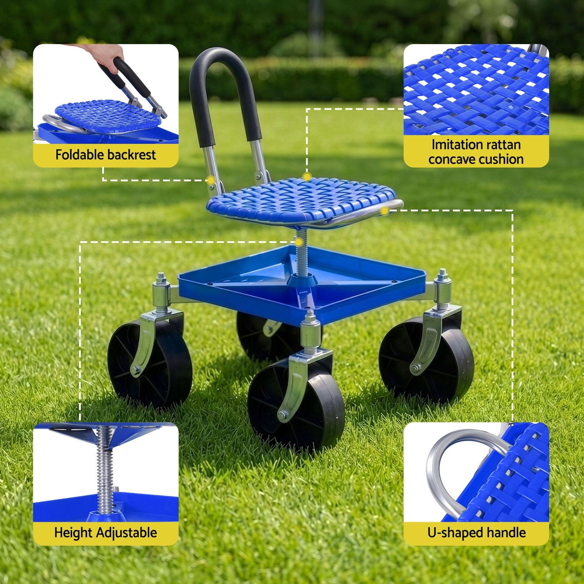 Gardeon Garden Cart Seat Rolling Stool 360 Swivel Height Adjustable Heavy Duty Blue Awezingly