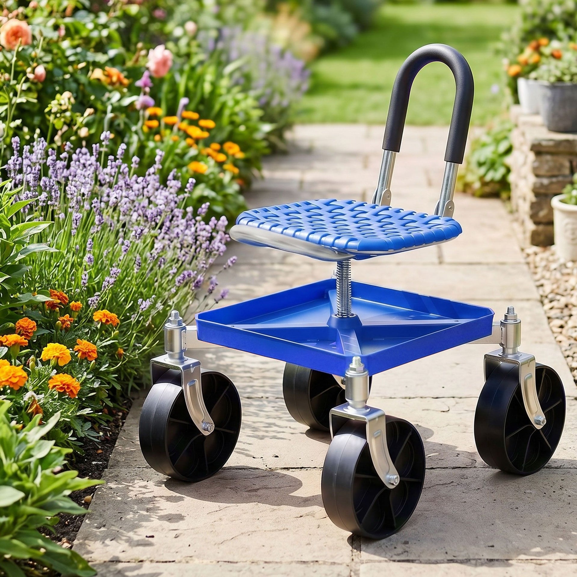 Gardeon Garden Cart Seat Rolling Stool 360 Swivel Height Adjustable Heavy Duty Blue Awezingly