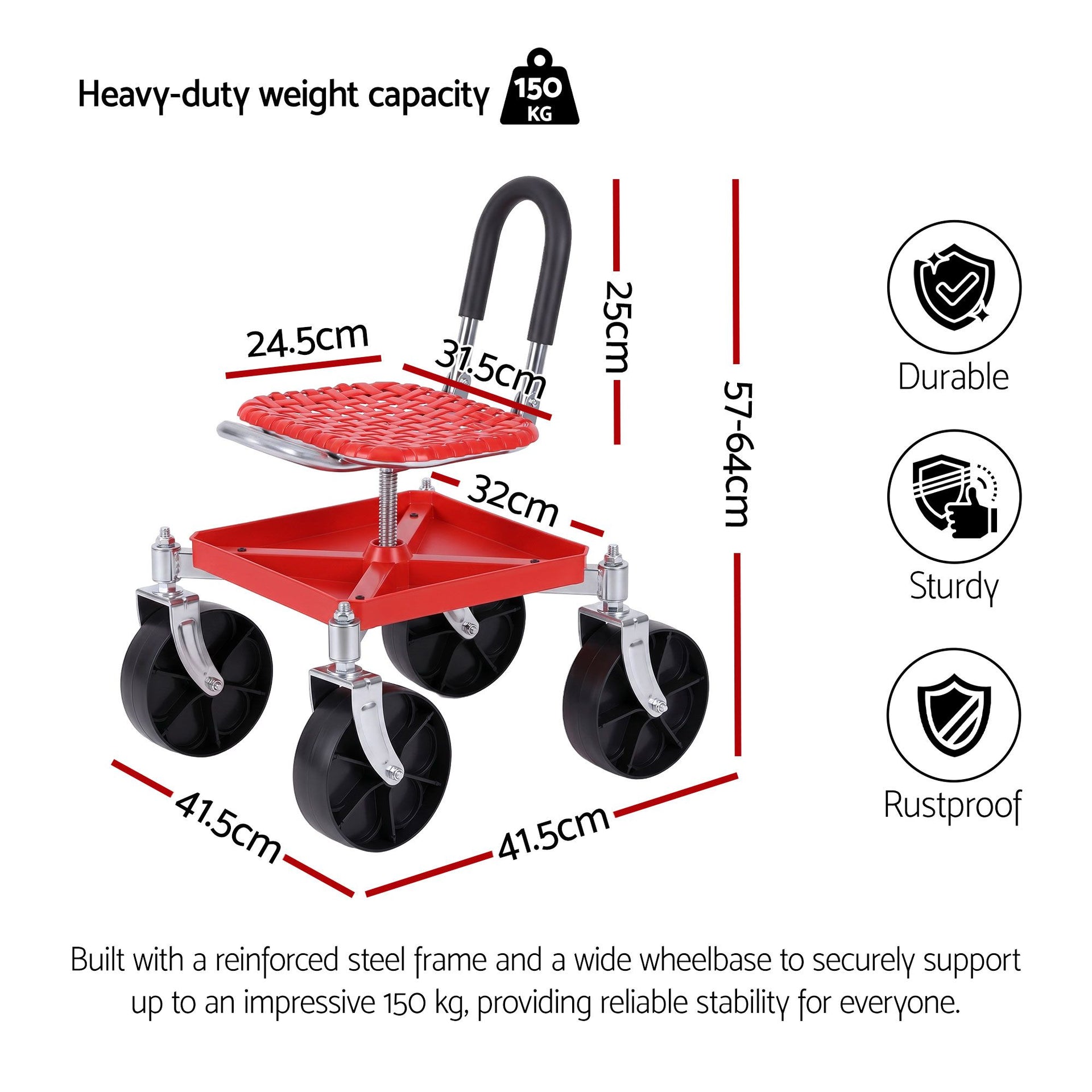 Gardeon Garden Cart Seat Rolling Stool 360 Swivel Height Adjustable Heavy Duty Red Awezingly