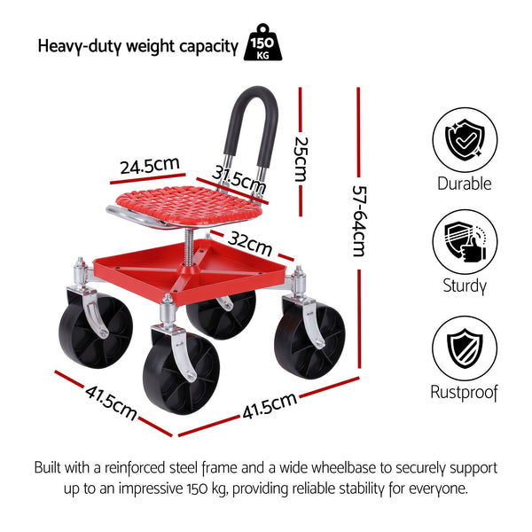 Gardeon Garden Cart Seat Rolling Stool 360 Swivel Height Adjustable Heavy Duty Red Awezingly