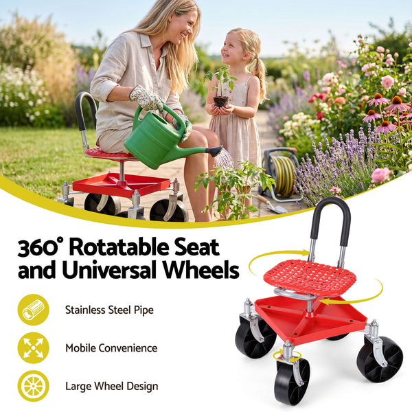 Gardeon Garden Cart Seat Rolling Stool 360 Swivel Height Adjustable Heavy Duty Red Awezingly
