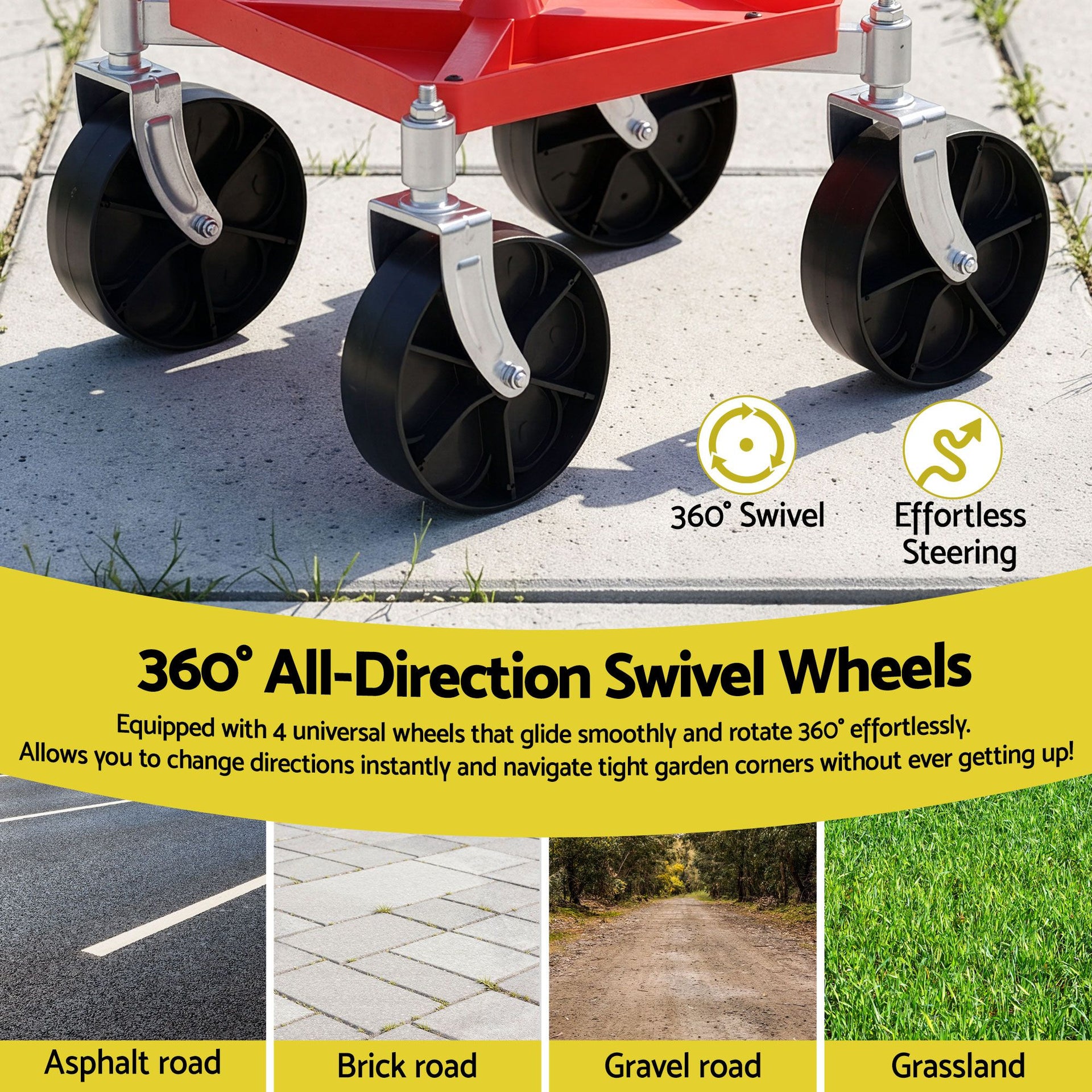 Gardeon Garden Cart Seat Rolling Stool 360 Swivel Height Adjustable Heavy Duty Red Awezingly