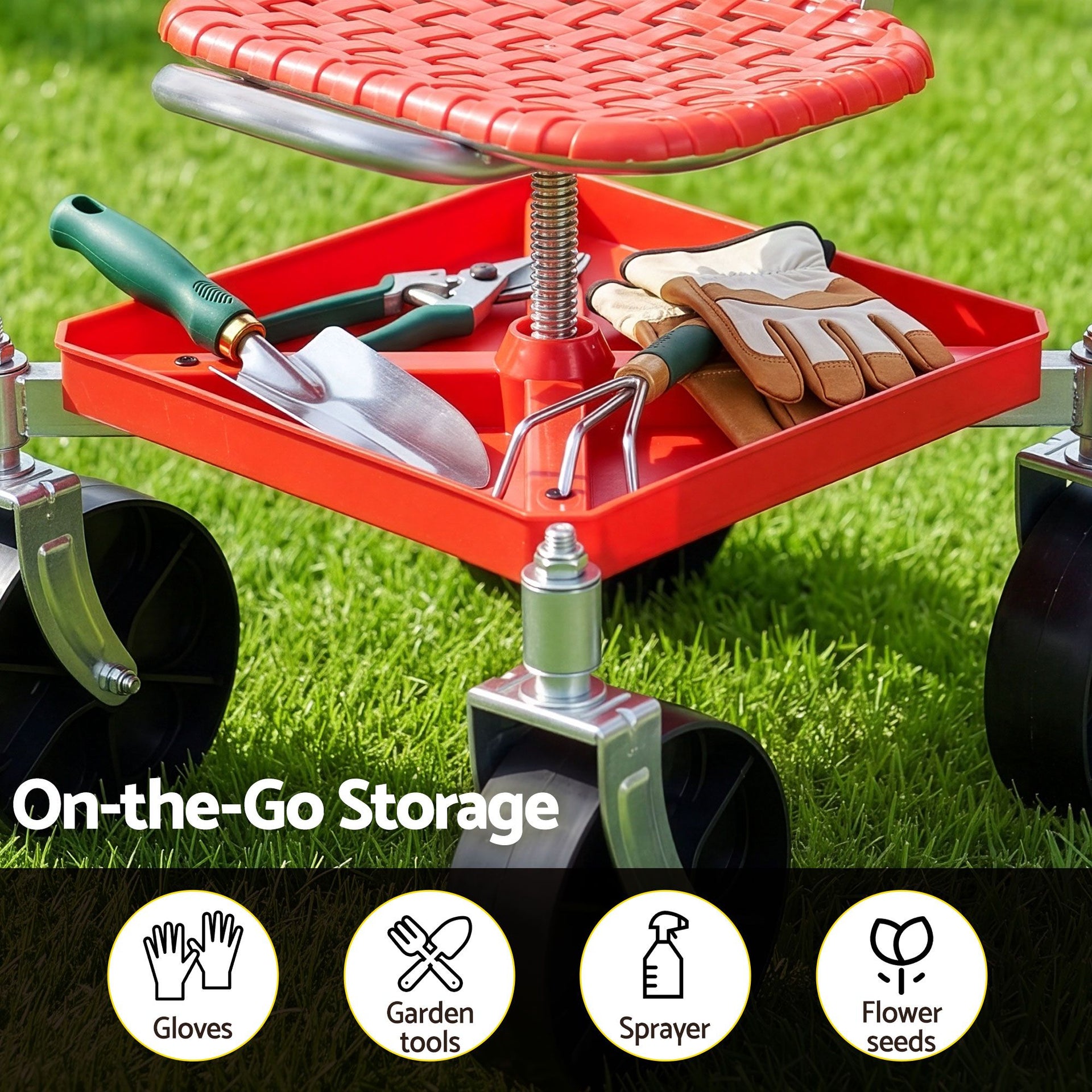 Gardeon Garden Cart Seat Rolling Stool 360 Swivel Height Adjustable Heavy Duty Red Awezingly
