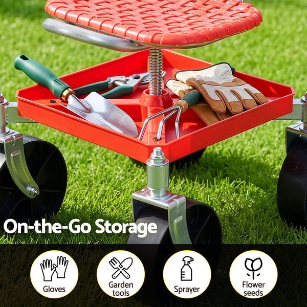 Gardeon Garden Cart Seat Rolling Stool 360 Swivel Height Adjustable Heavy Duty Red Awezingly