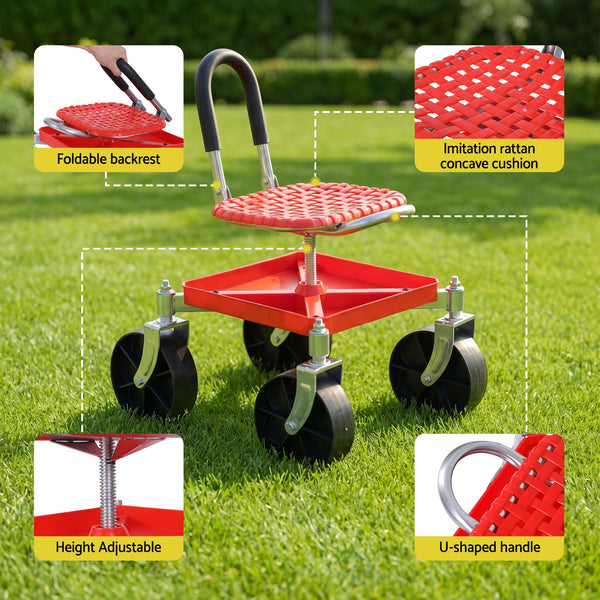Gardeon Garden Cart Seat Rolling Stool 360 Swivel Height Adjustable Heavy Duty Red Awezingly