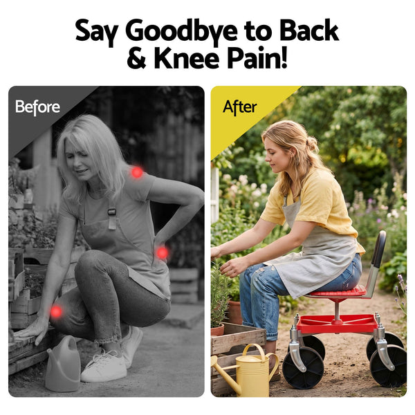 Gardeon Garden Cart Seat Rolling Stool 360 Swivel Height Adjustable Heavy Duty Red Awezingly