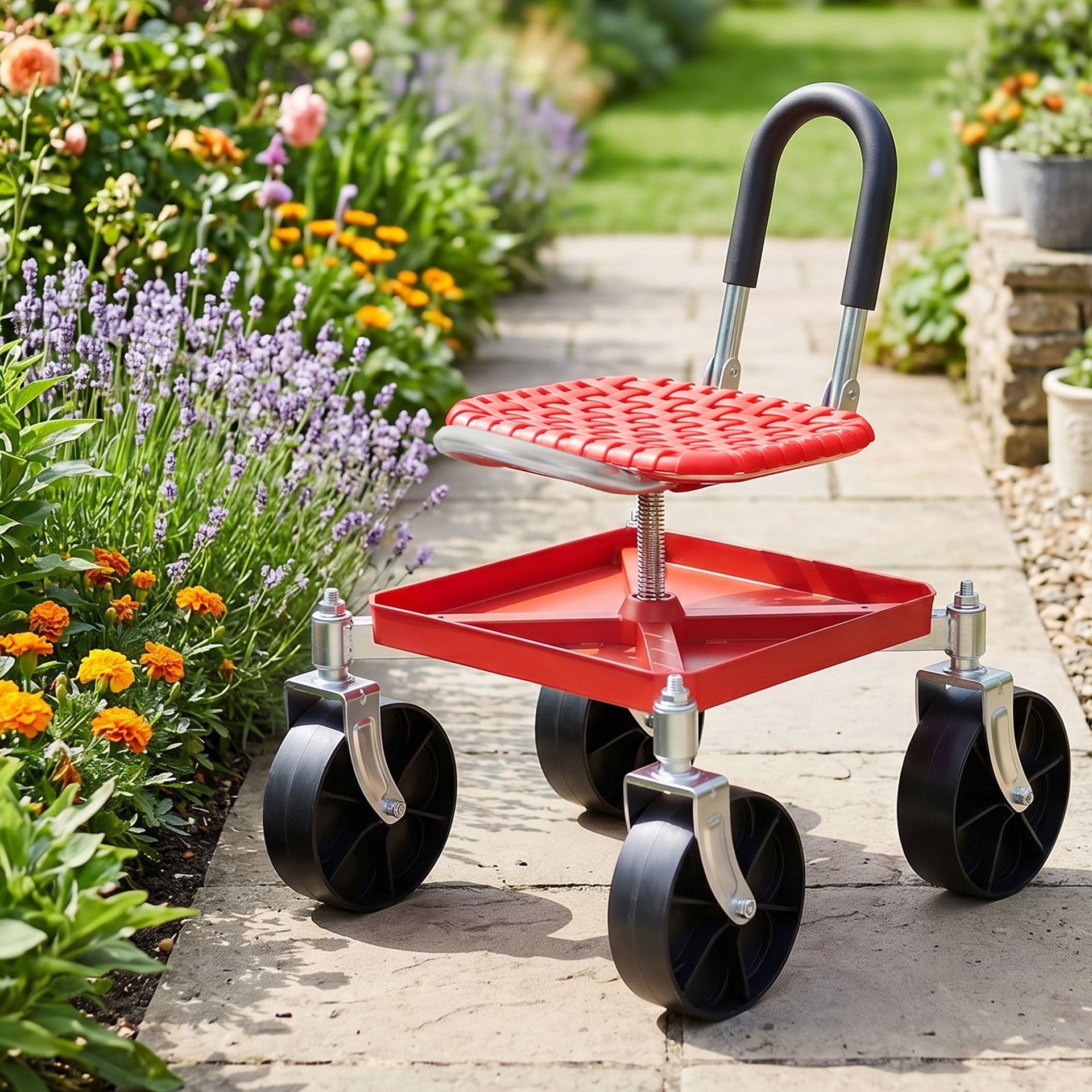 Gardeon Garden Cart Seat Rolling Stool 360 Swivel Height Adjustable Heavy Duty Red Awezingly
