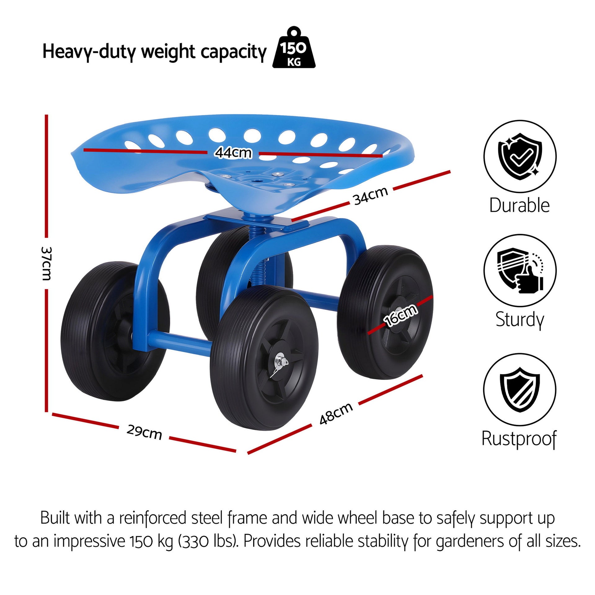 Gardeon Garden Seat 360 Swivel Rolling Adjustable Height Work Scooter Cart Wheels Heavy Duty 150kg Awezingly