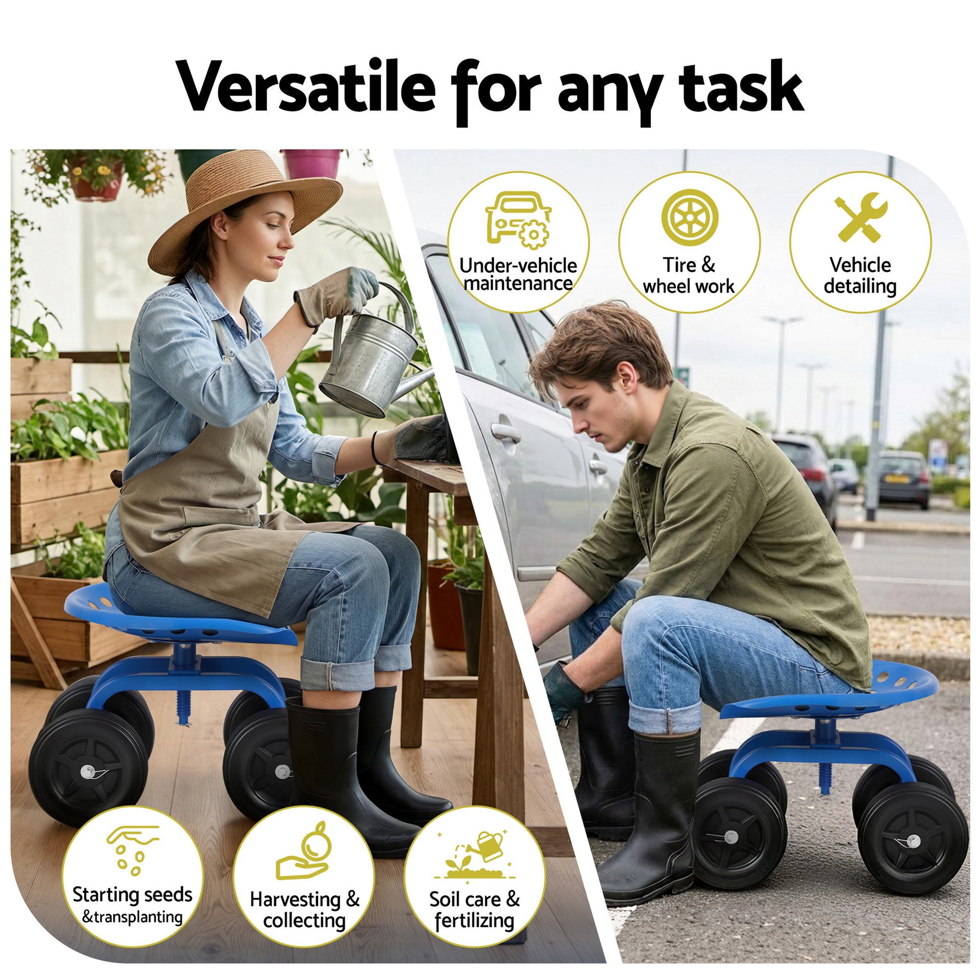 Gardeon Garden Seat 360 Swivel Rolling Adjustable Height Work Scooter Cart Wheels Heavy Duty 150kg Awezingly