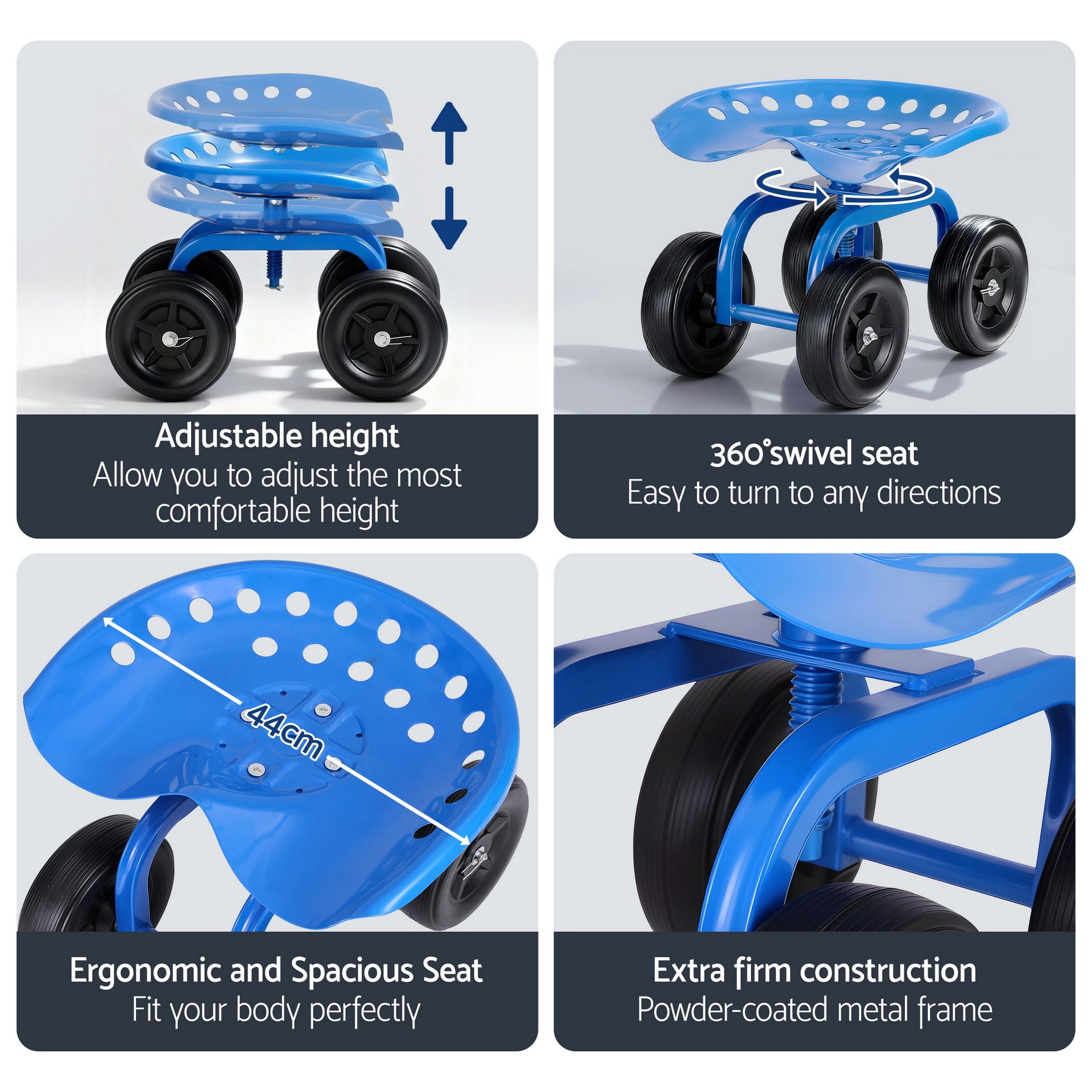 Gardeon Garden Seat 360 Swivel Rolling Adjustable Height Work Scooter Cart Wheels Heavy Duty 150kg Awezingly