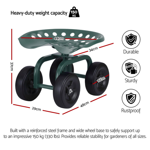 Gardeon Garden Seat 360 Swivel Rolling Adjustable Height Work Scooter Cart Wheels Heavy Duty 150kg Awezingly
