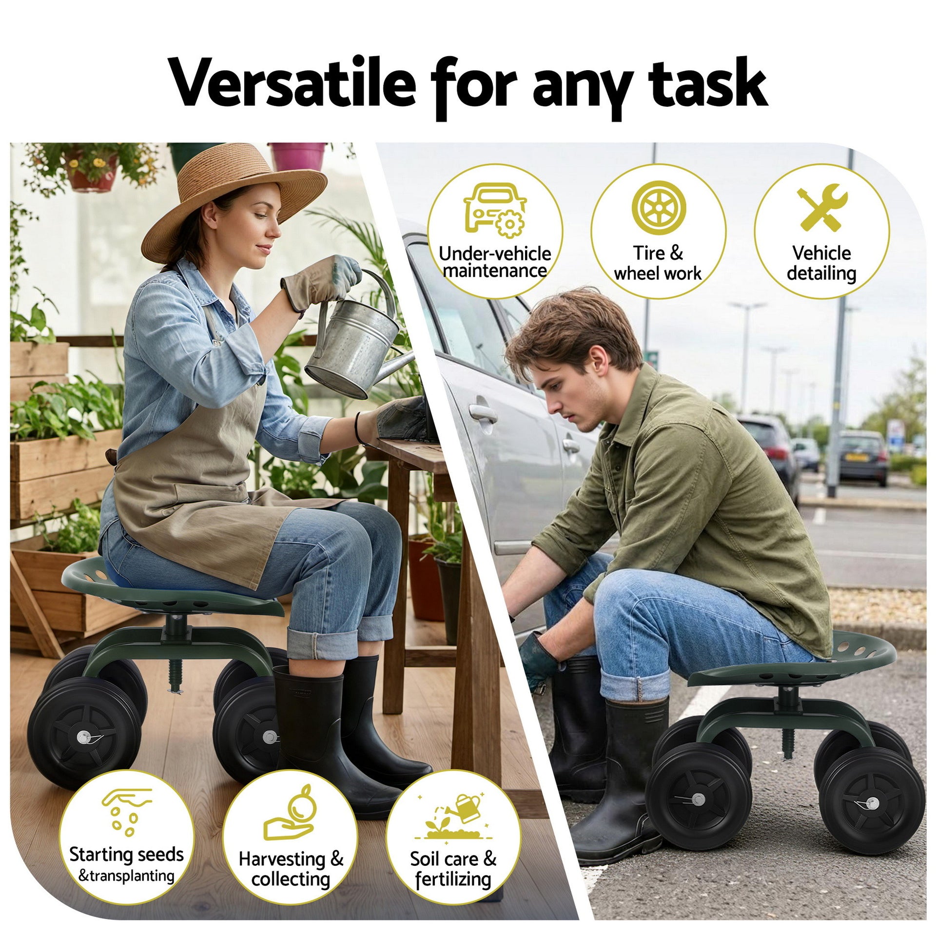 Gardeon Garden Seat 360 Swivel Rolling Adjustable Height Work Scooter Cart Wheels Heavy Duty 150kg Awezingly